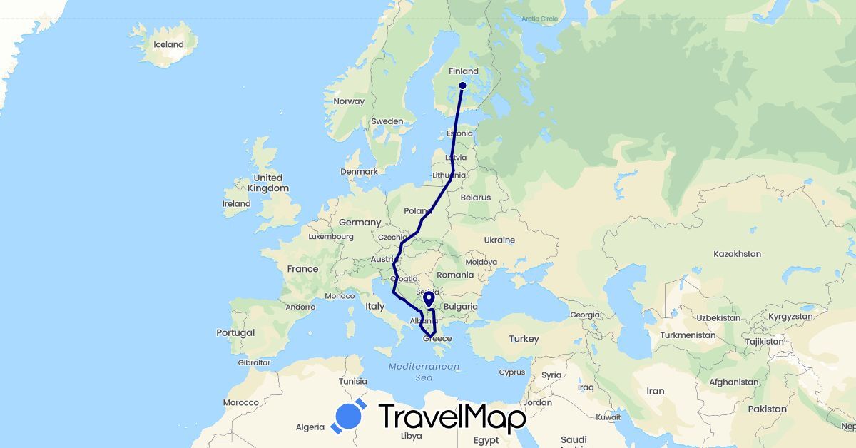 TravelMap itinerary: driving in Albania, Austria, Bosnia and Herzegovina, Czech Republic, Estonia, Finland, Greece, Croatia, Lithuania, Latvia, Montenegro, Macedonia, Poland, Slovenia, Kosovo (Europe)